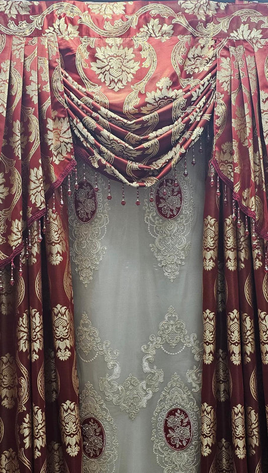 Luxury Mina Burgundy 7PC Curtain Set With Monalisa Embroidered Curtain & Magnetic Holders - Stylish Curtains