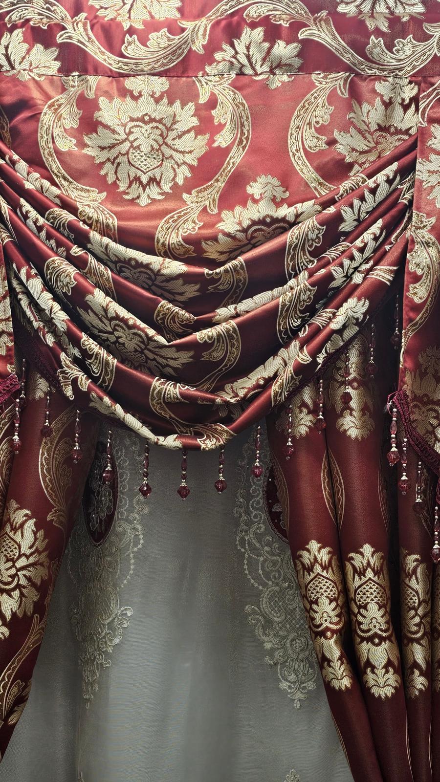 Luxury Mina Burgundy 7PC Curtain Set With Monalisa Embroidered Curtain & Magnetic Holders - Stylish Curtains
