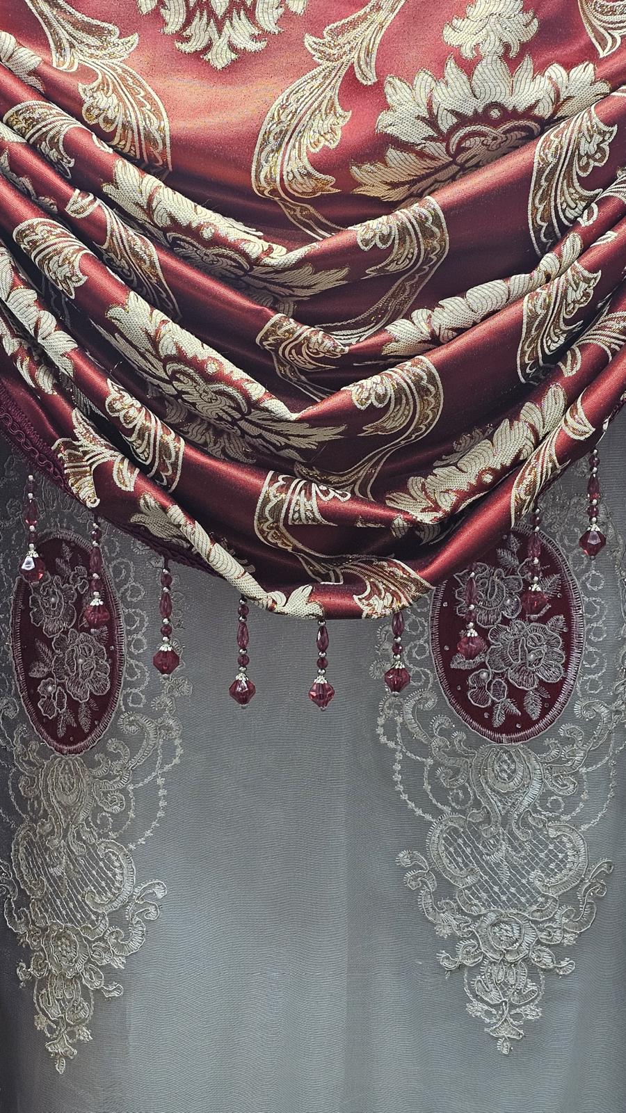 Luxury Mina Burgundy 7PC Curtain Set With Monalisa Embroidered Curtain & Magnetic Holders - Stylish Curtains