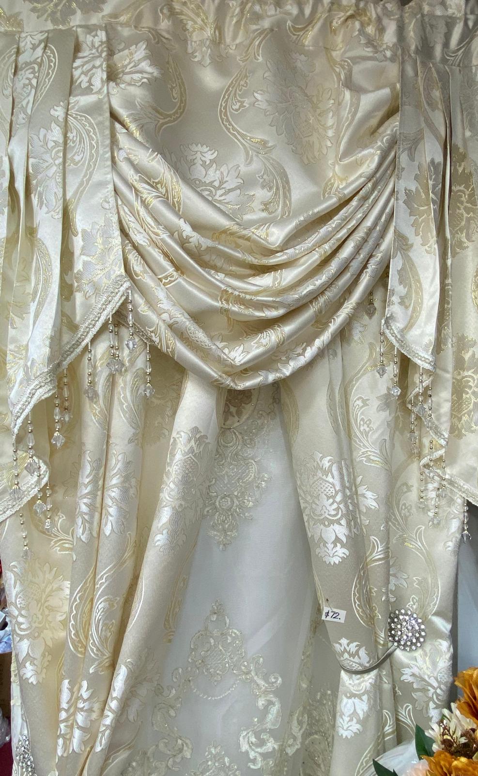 Luxury Mina Beige 7PC Curtain Set With Monalisa Embroidered Curtain & Holdbacks
