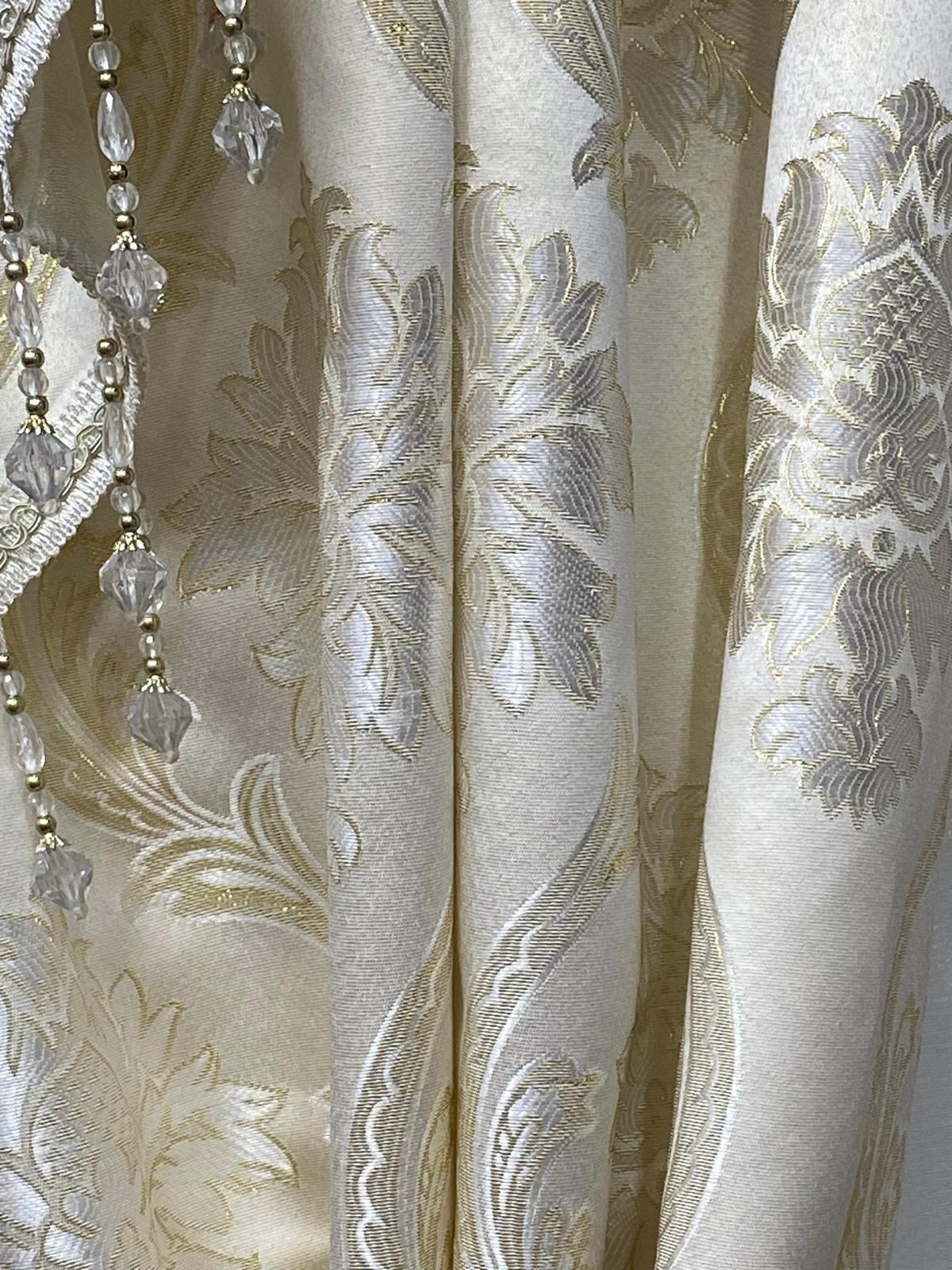 Luxury Mina Beige 7PC Curtain Set With Monalisa Embroidered Curtain & Holdbacks