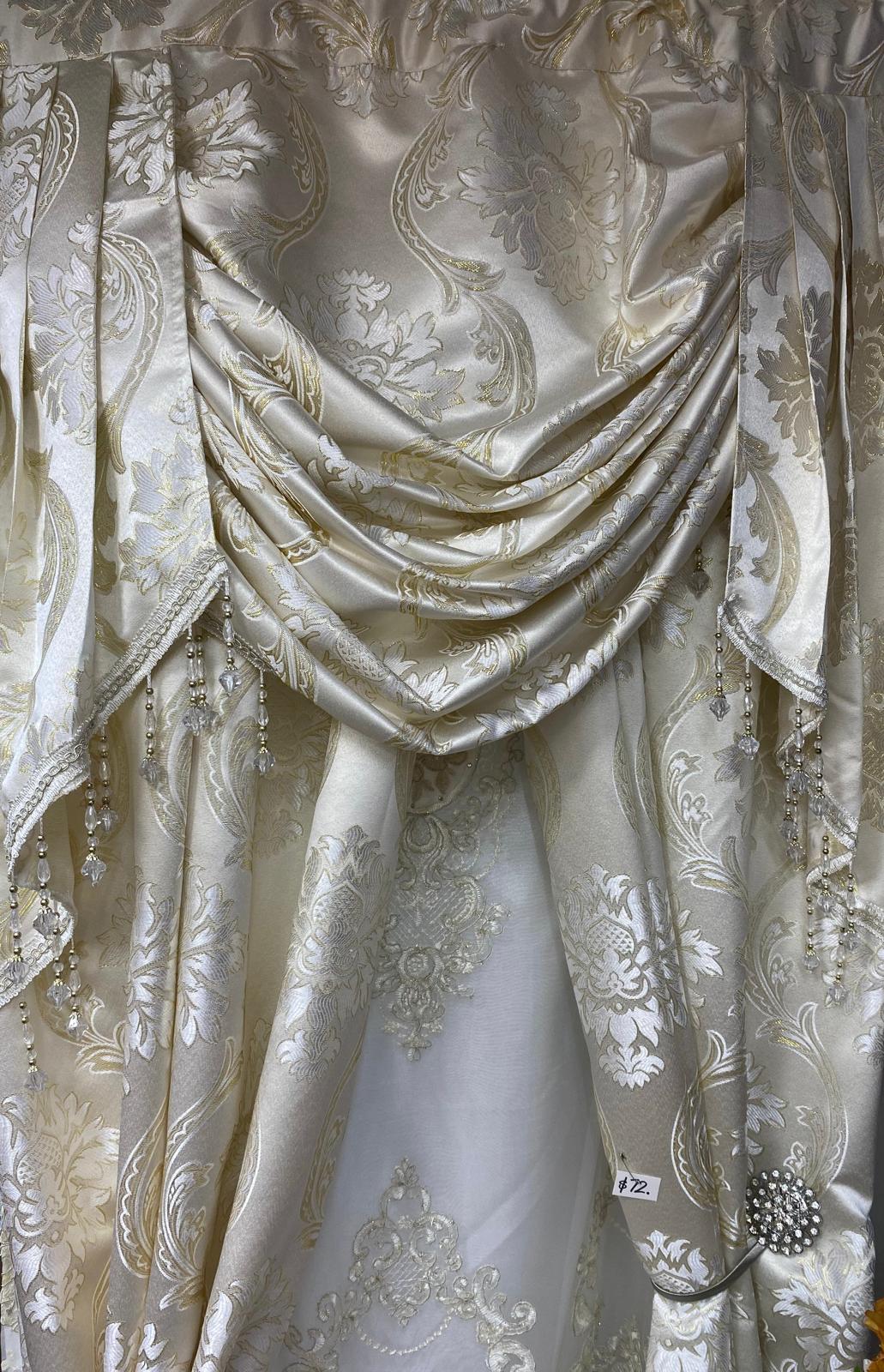 Luxury Mina Beige 7PC Curtain Set With Monalisa Embroidered Curtain & Holdbacks