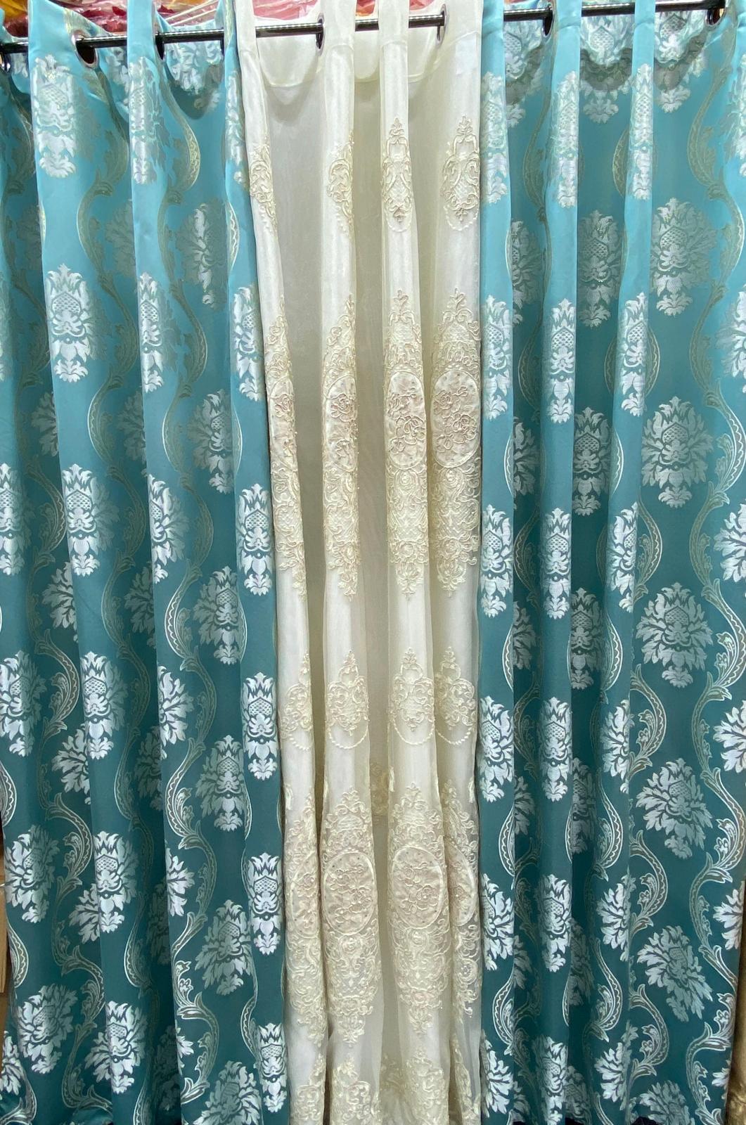 Mina Aqua Luxury Window Curtain Set 54x84 with Monalisa Embroidered Valance & Backing Panel