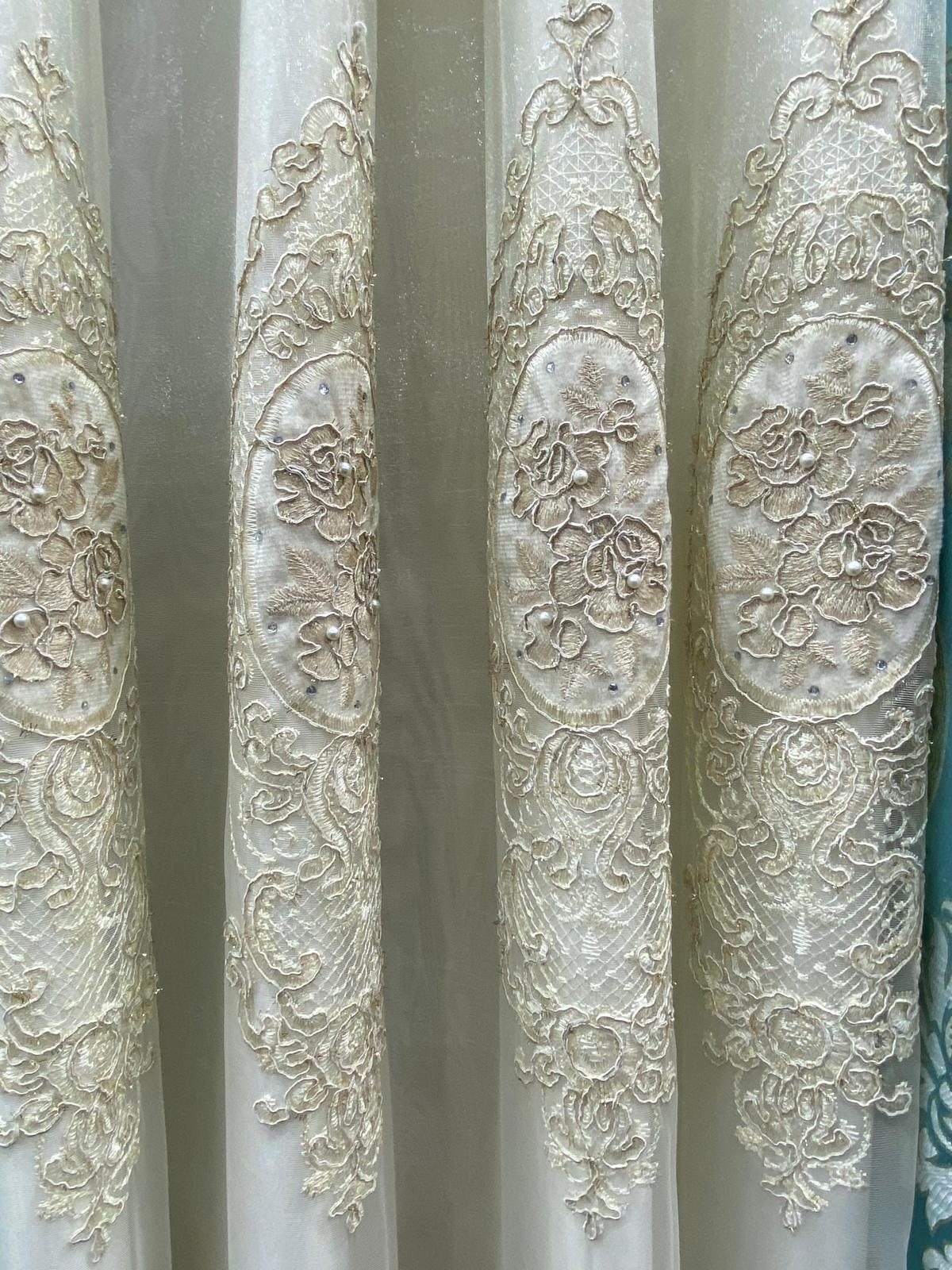 Mina Aqua Luxury Window Curtain Set 54x84 with Monalisa Embroidered Valance & Backing Panel