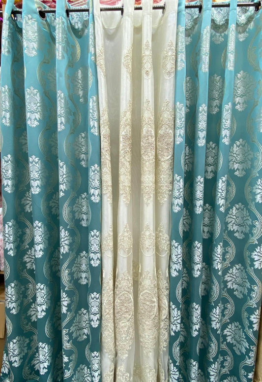 Mina Aqua Luxury Window Curtain Set 54x84 with Monalisa Embroidered Valance & Backing Panel - Stylish Curtains