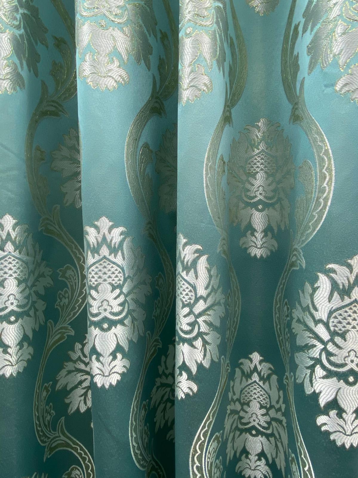 Mina Aqua Luxury Window Curtain Set 54x84 with Monalisa Embroidered Valance & Backing Panel
