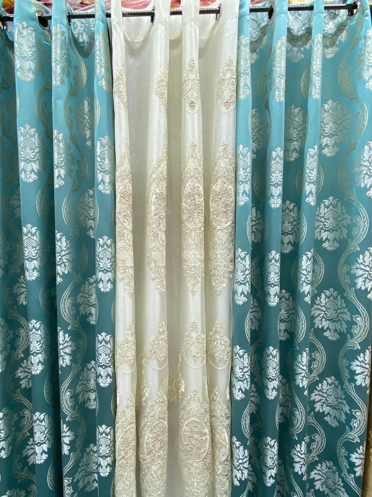 Mina Aqua Luxury Window Curtain Set 54x84 with Monalisa Embroidered Valance & Backing Panel