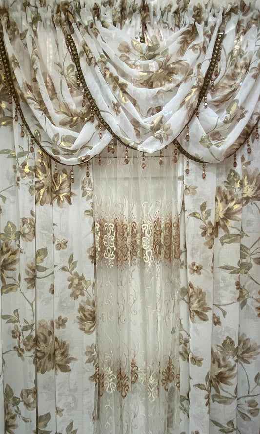 Brown Floral Curtains with Crystal Valances