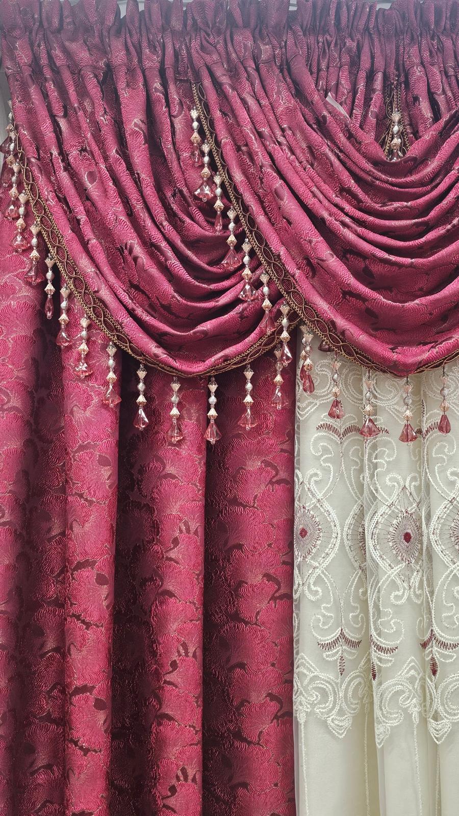 Luxury Stefania Burgundy 7PC Curtain Set with Elizabeth Embroidered Center Curtain & Backing
