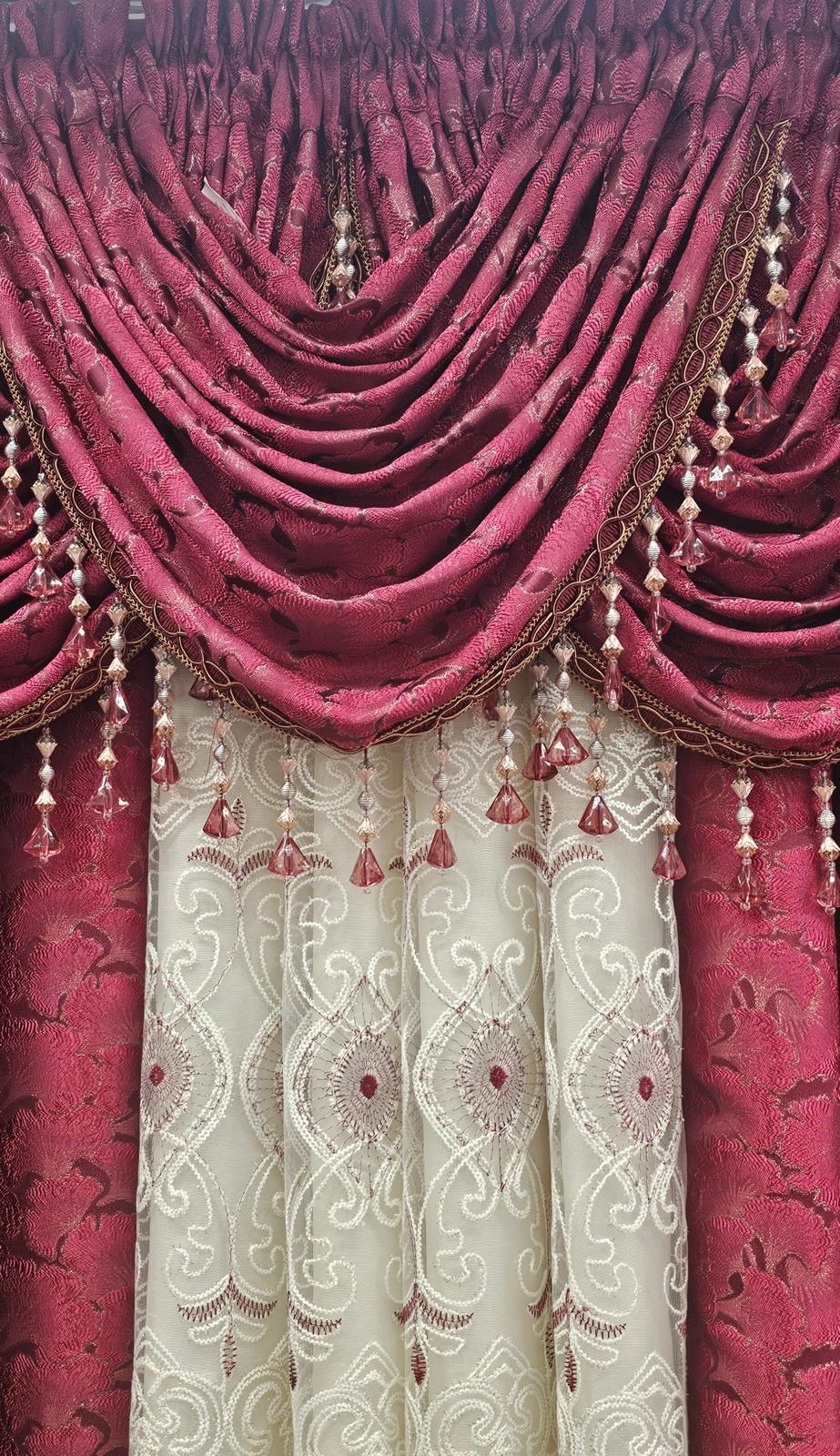 Luxury Stefania Burgundy 7PC Curtain Set with Elizabeth Embroidered Center Curtain & Backing
