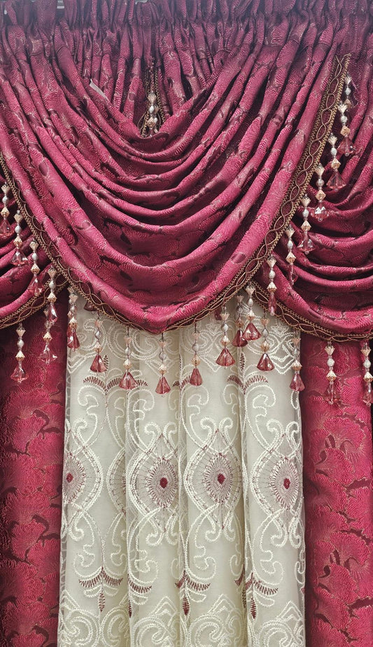 Luxury Stefania Burgundy 7PC Curtain Set with Elizabeth Embroidered Center Curtain & Backing - Stylish Curtains