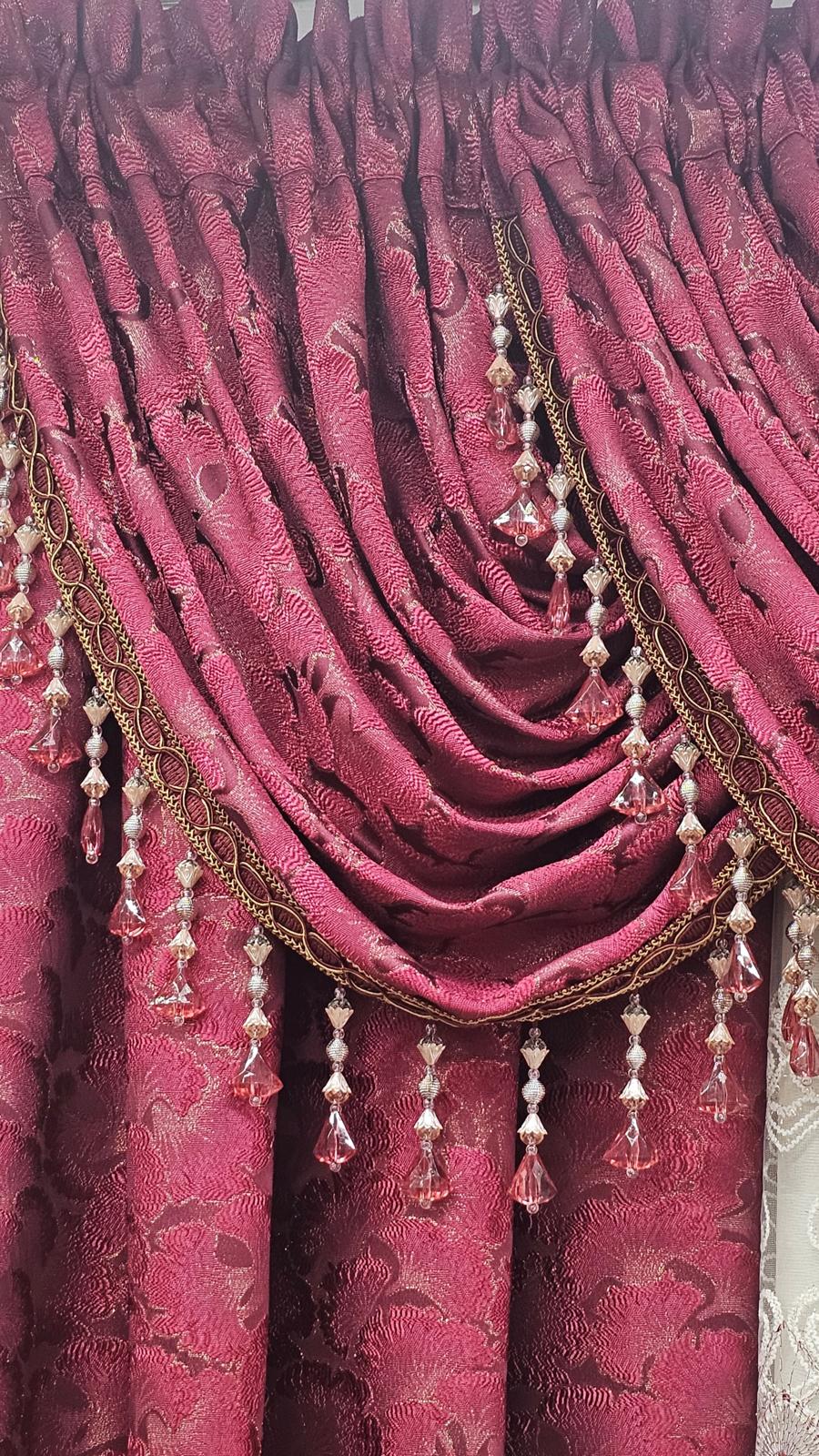 Luxury Stefania Burgundy 7PC Curtain Set with Elizabeth Embroidered Center Curtain & Backing