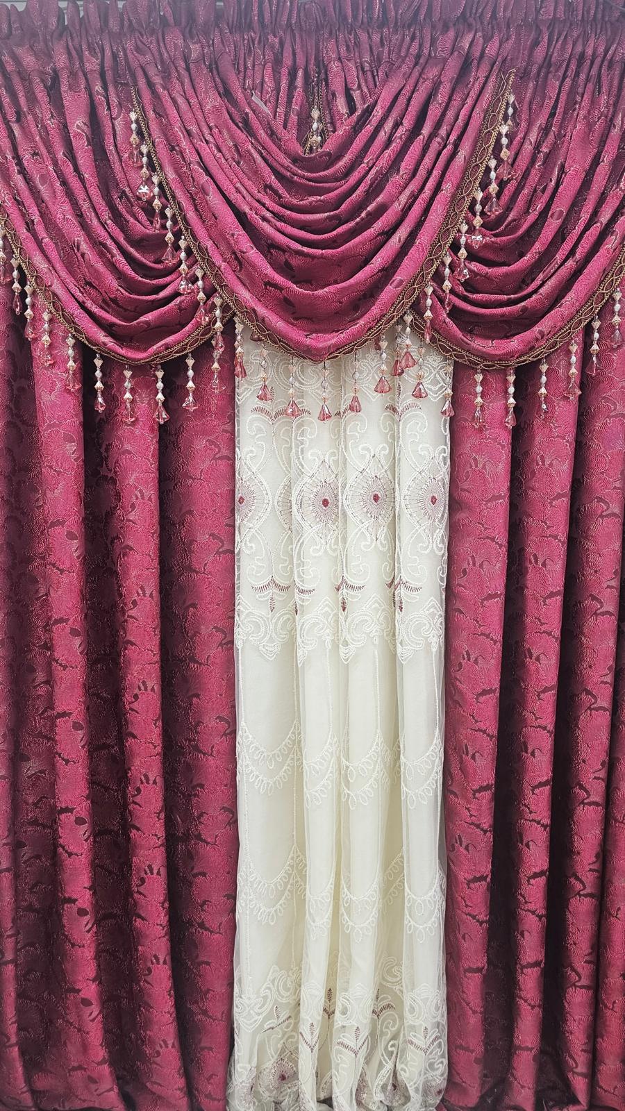 Luxury Stefania Burgundy 7PC Curtain Set with Elizabeth Embroidered Center Curtain & Backing