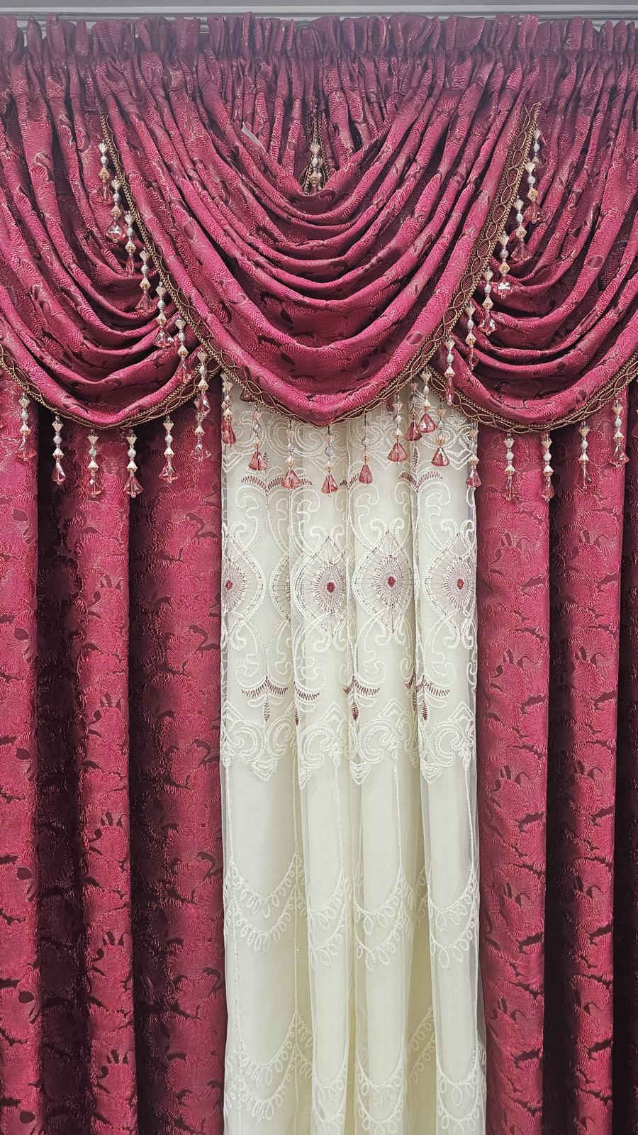Luxury Stefania Burgundy 7PC Curtain Set with Elizabeth Embroidered Center Curtain & Backing