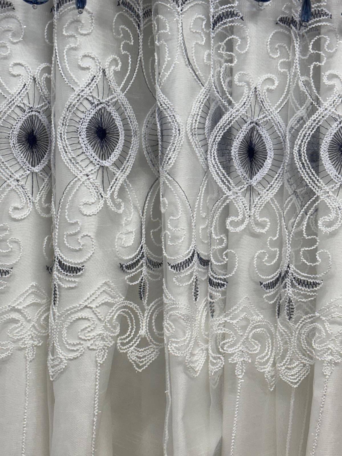 Close-up of intricate lace fabric with detailed patterns.