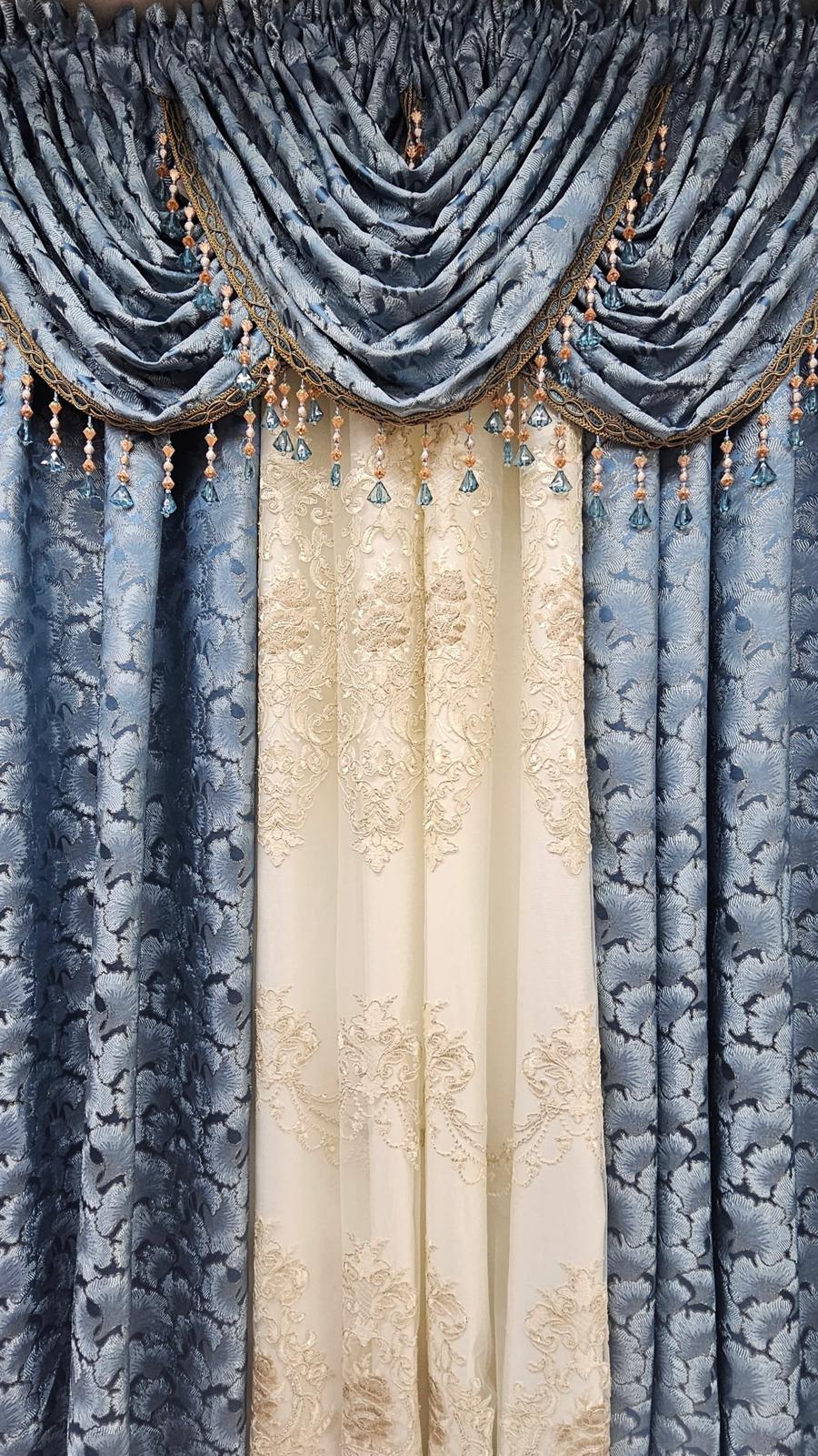 Luxury Stefania Teal 7PC Curtain Set with Monrose Embroidered Center Curtain & Backing