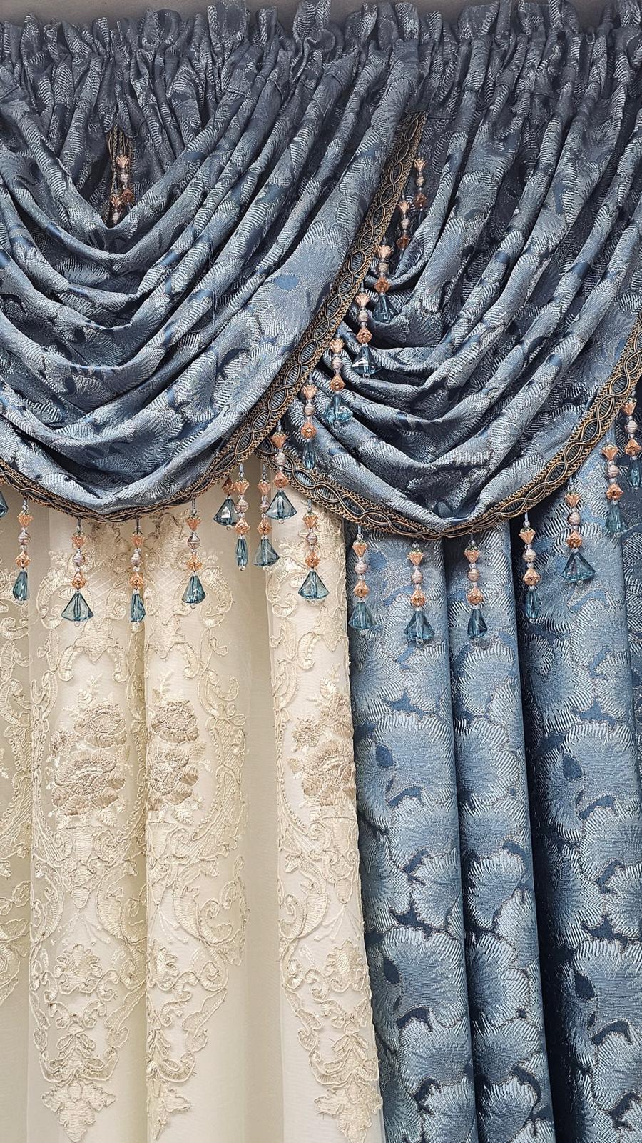 Luxury Stefania Teal 7PC Curtain Set with Monrose Embroidered Center Curtain & Backing