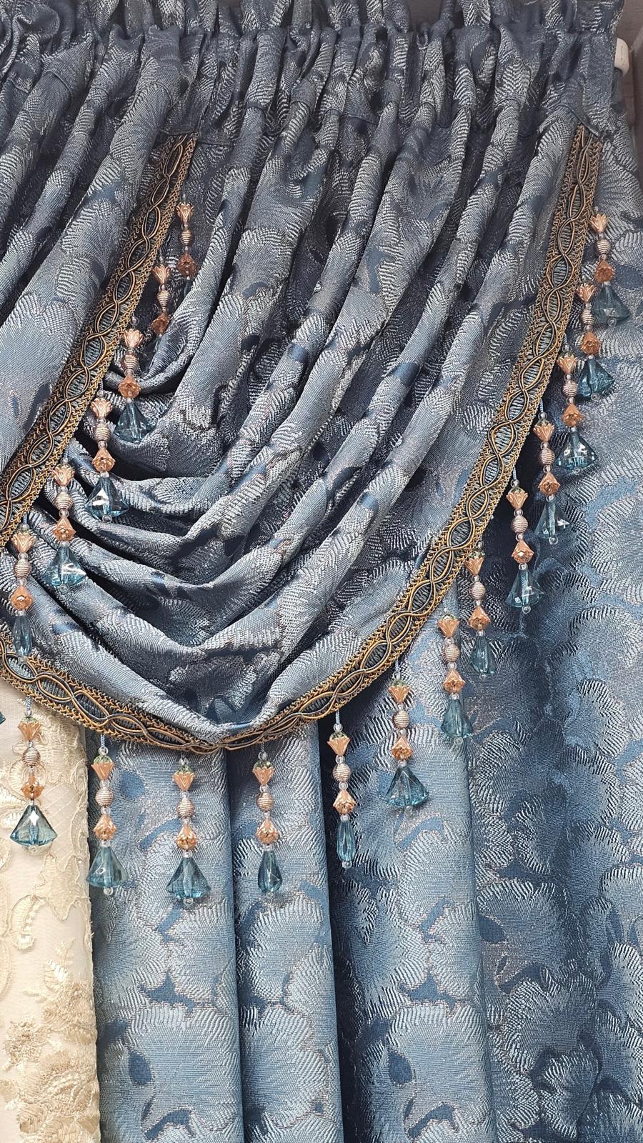 Luxury Stefania Teal 7PC Curtain Set with Monrose Embroidered Center Curtain & Backing