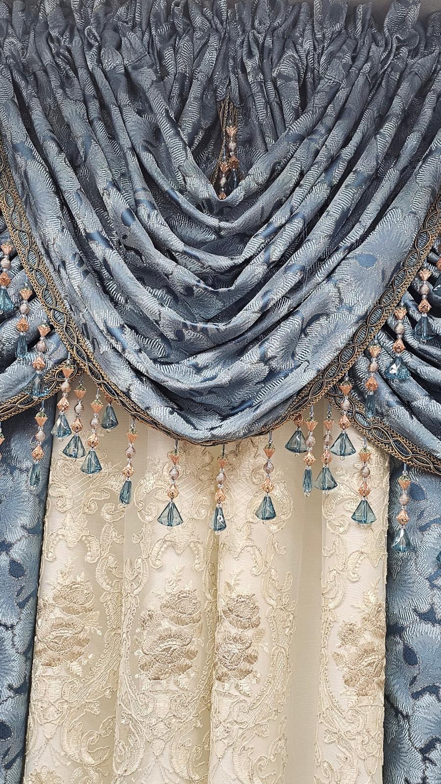 Luxury Stefania Teal 7PC Curtain Set with Monrose Embroidered Center Curtain & Backing