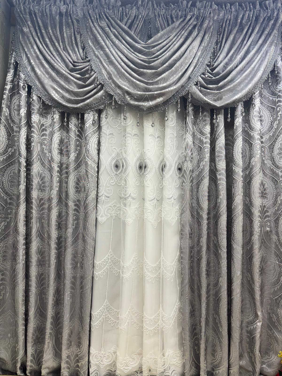 LIZET Silver 7 Piece Curtain Set | Jacquard Side Panels & Elizabeth Embroidered Curtain