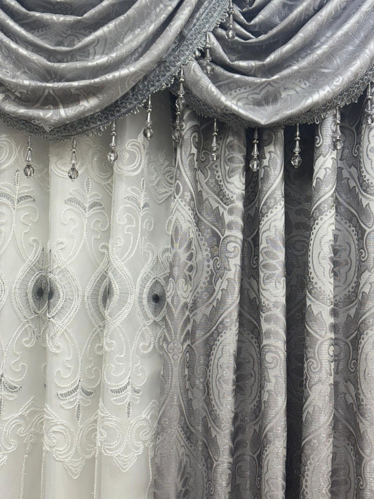 LIZET Silver 7 Piece Curtain Set | Jacquard Side Panels & Elizabeth Embroidered Curtain - Stylish Curtains
