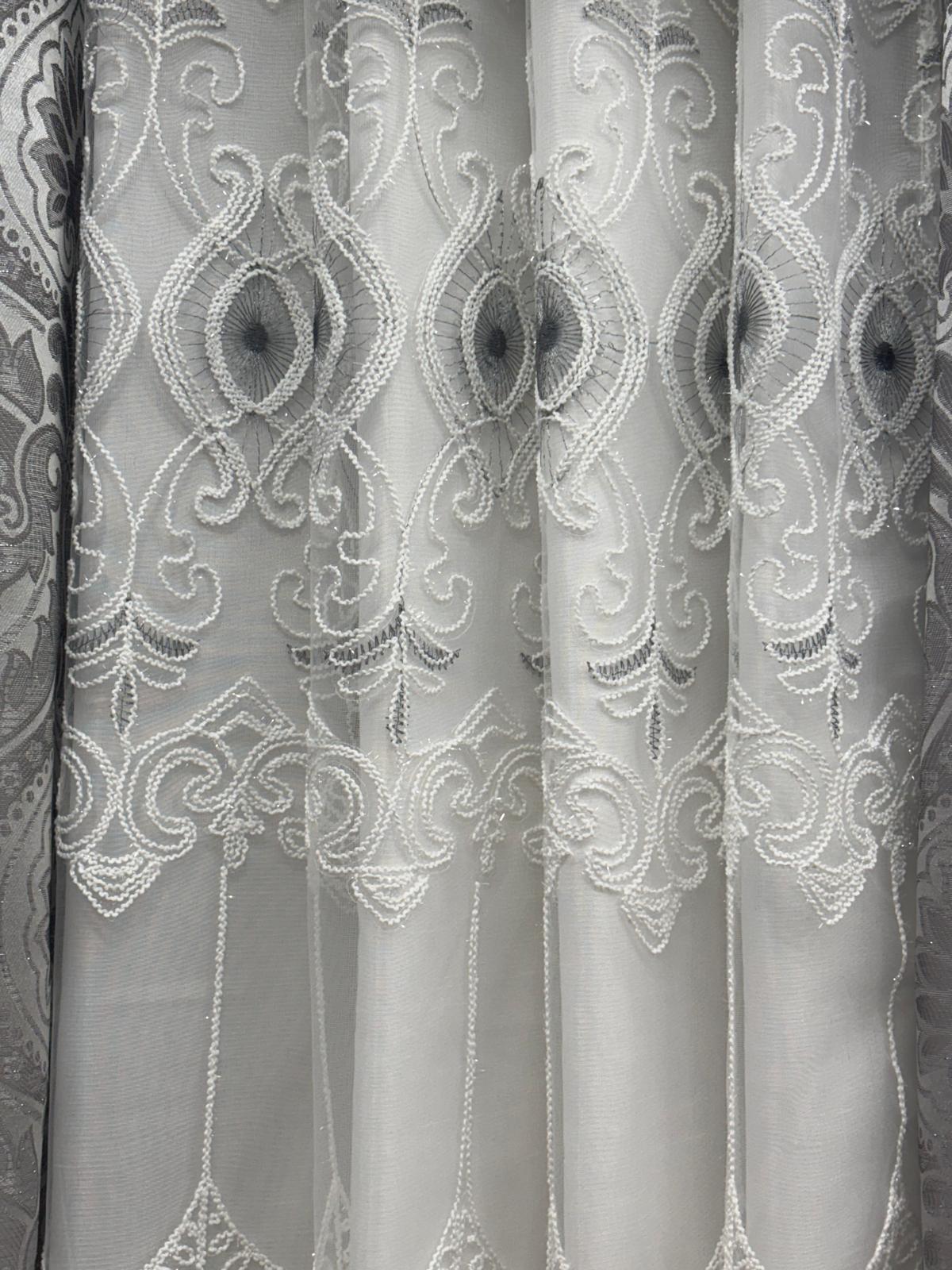 LIZET Silver 7 Piece Curtain Set | Jacquard Side Panels & Elizabeth Embroidered Curtain