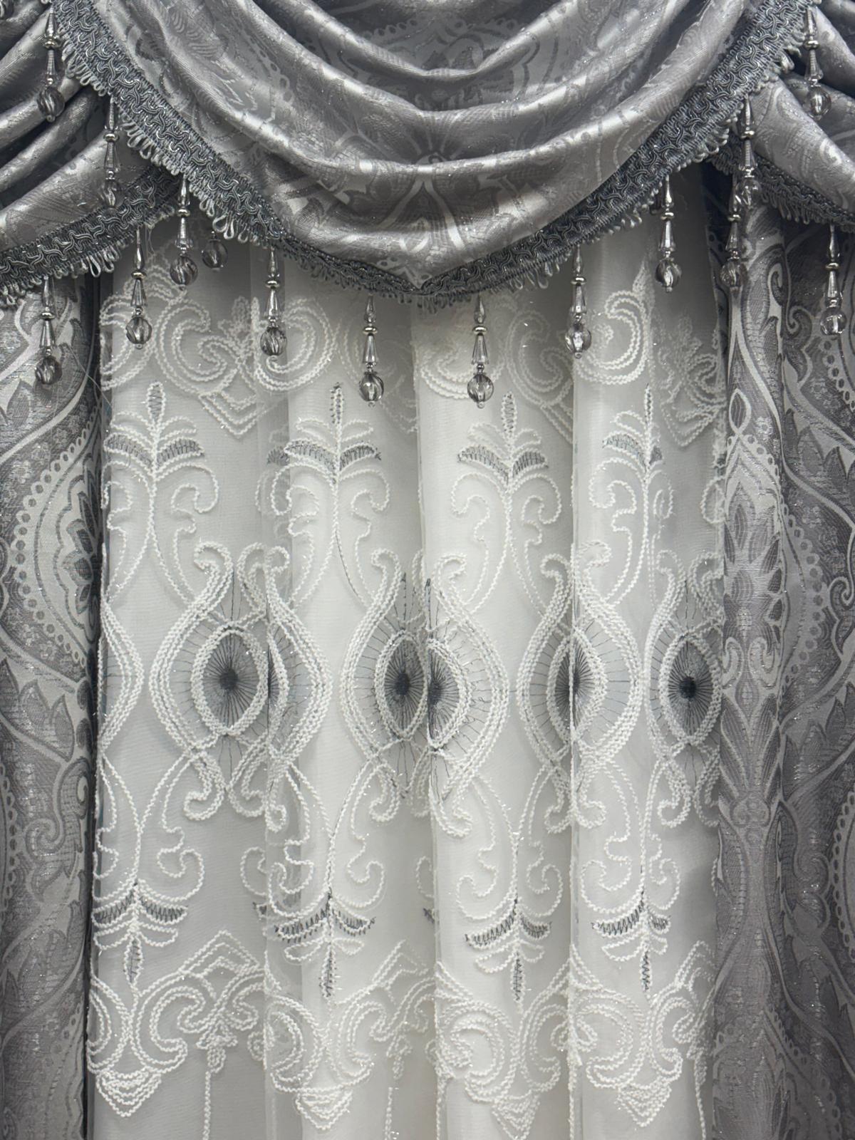 LIZET Silver 7 Piece Curtain Set | Jacquard Side Panels & Elizabeth Embroidered Curtain