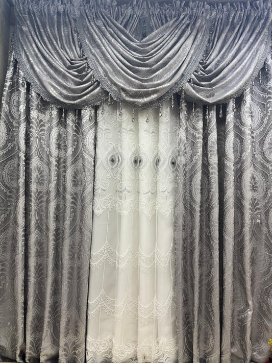 LIZET Silver 7 Piece Curtain Set | Jacquard Side Panels & Elizabeth Embroidered Curtain - Stylish Curtains