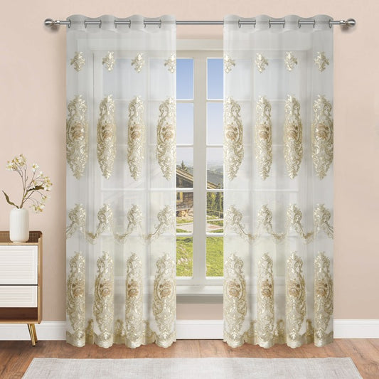 Monrose Embroidered Sheer Curtain Panel | Luxury Floral Grommet Window Drapes | Pink & Taupe