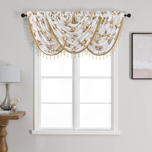 Luxury Regency Blossom Decorative Waterfall Valance with Beaded Trim - Stylish Curtains