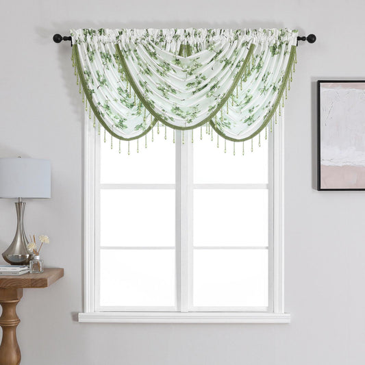 Luxury Regency Blossom Decorative Waterfall Valance with Beaded Trim - Stylish Curtains