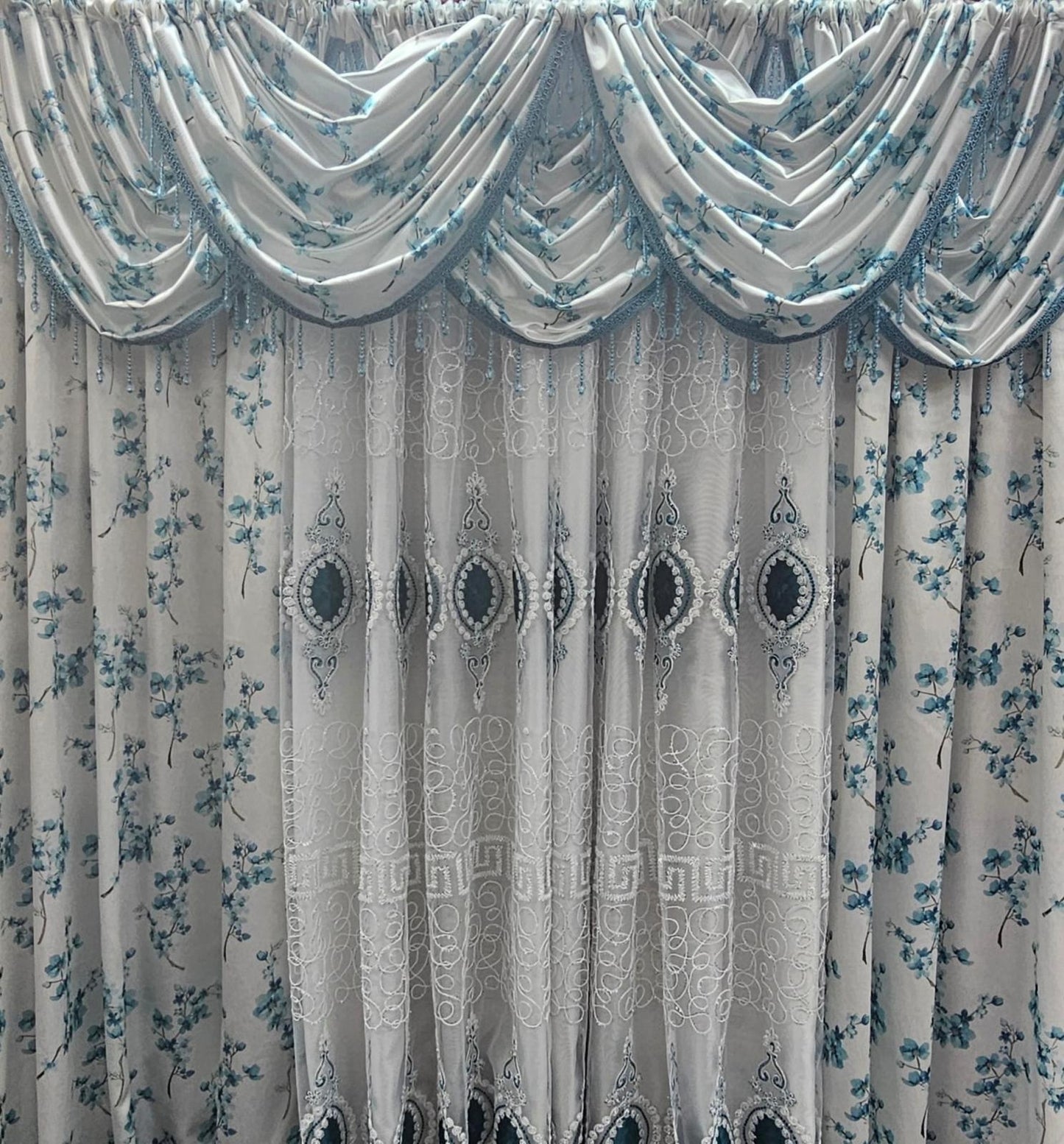 Regency Blossom Teal 11 Piece Curtain Set | Luxury Floral Window Treatment with Veronica Embroidered Panels