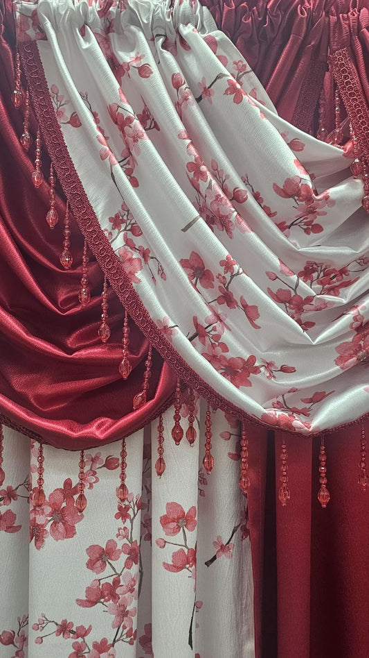 Regency Blossom Red 9 Piece Curtain Set | Luxury Floral Window Treatment with Solid Panels & Waterfall Valances - Stylish Curtains