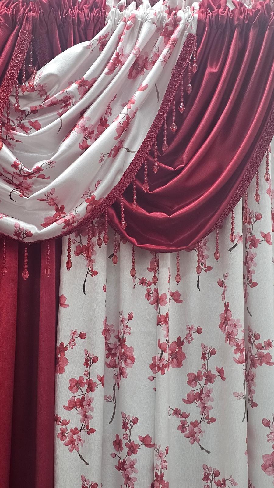 Regency Blossom Red 9 Piece Curtain Set | Luxury Floral Window Treatment with Solid Panels & Waterfall Valances