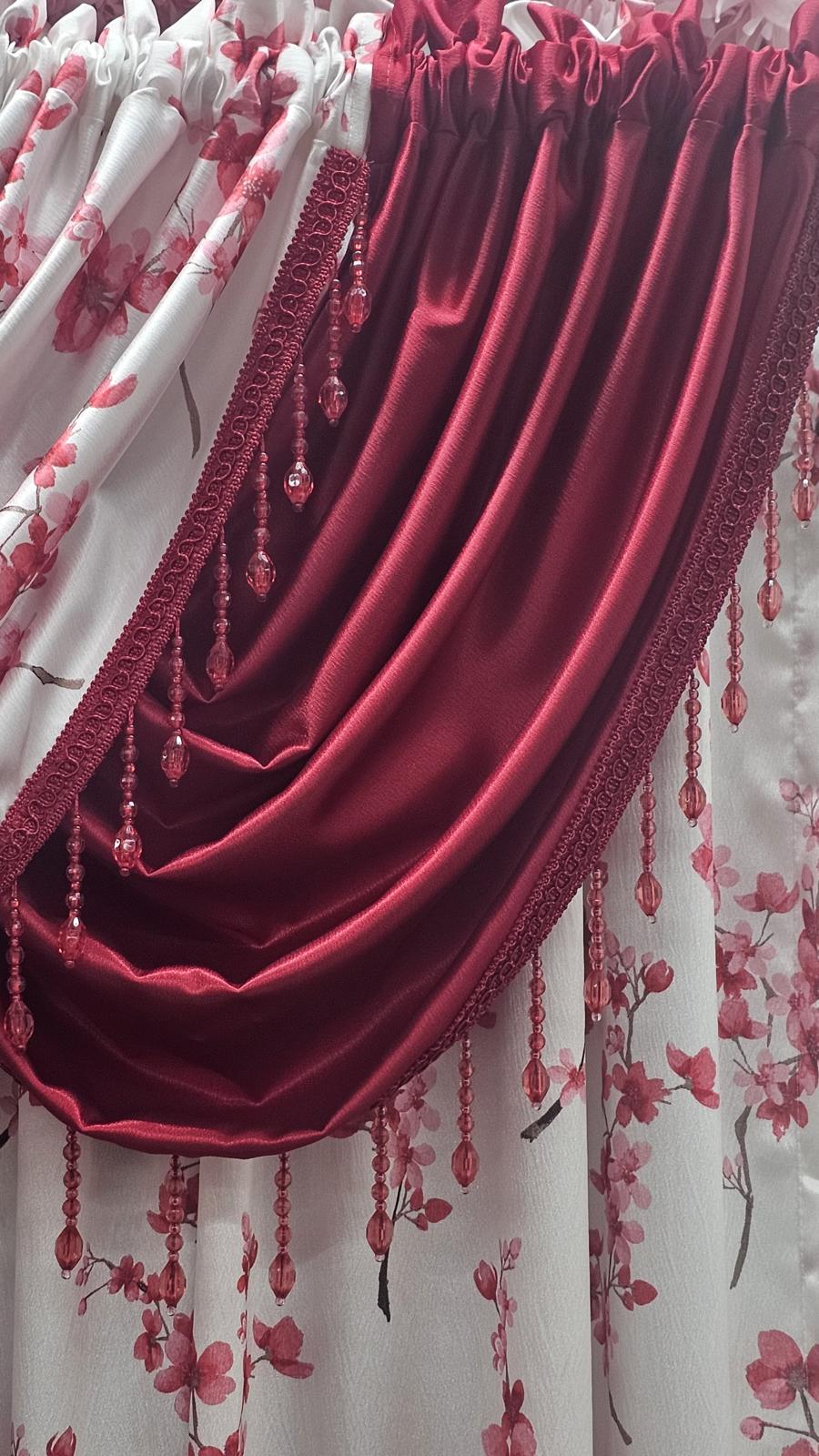 Regency Blossom Red 9 Piece Curtain Set | Luxury Floral Window Treatment with Solid Panels & Waterfall Valances