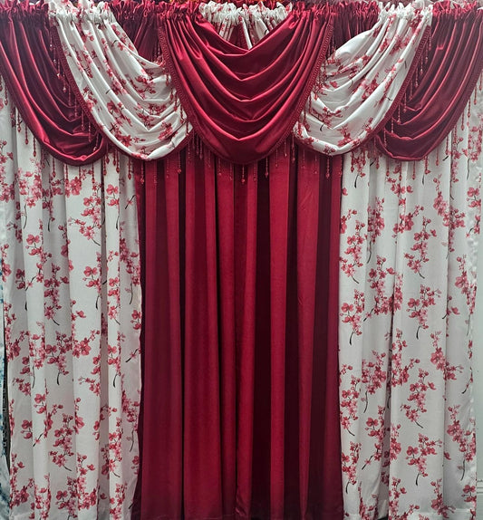 Regency Blossom Red 9 Piece Curtain Set | Luxury Floral Window Treatment with Solid Panels & Waterfall Valances - Stylish Curtains