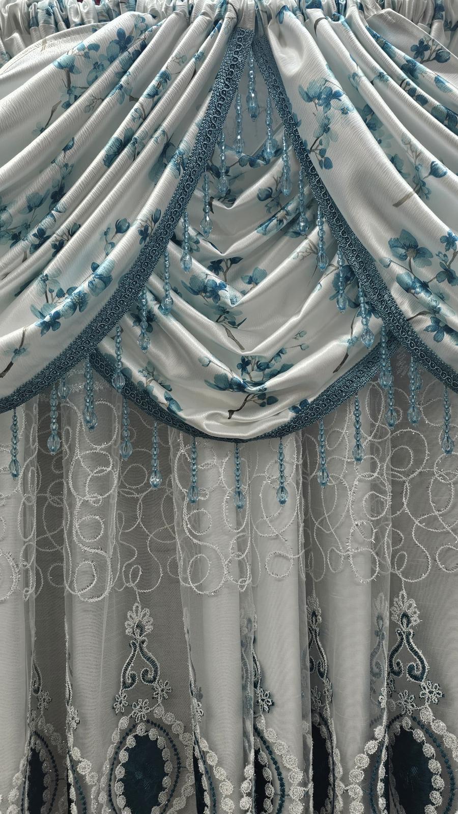 Regency Blossom Teal 11 Piece Curtain Set | Luxury Floral Window Treatment with Veronica Embroidered Panels