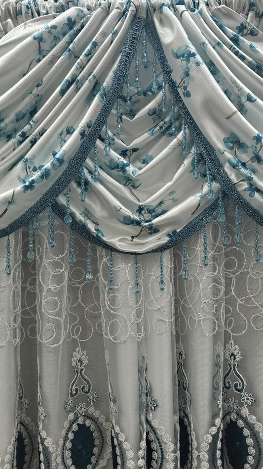 Regency Blossom Teal 11 Piece Curtain Set | Luxury Floral Window Treatment with Veronica Embroidered Panels