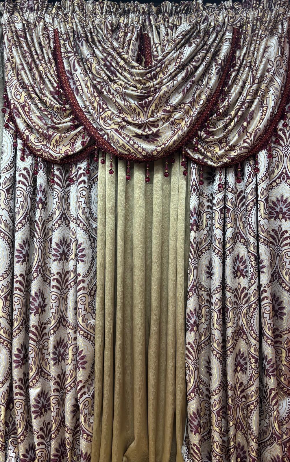LIZET Burgundy 6PC Curtain Set with Regency Gold Center Panel - Stylish Curtains