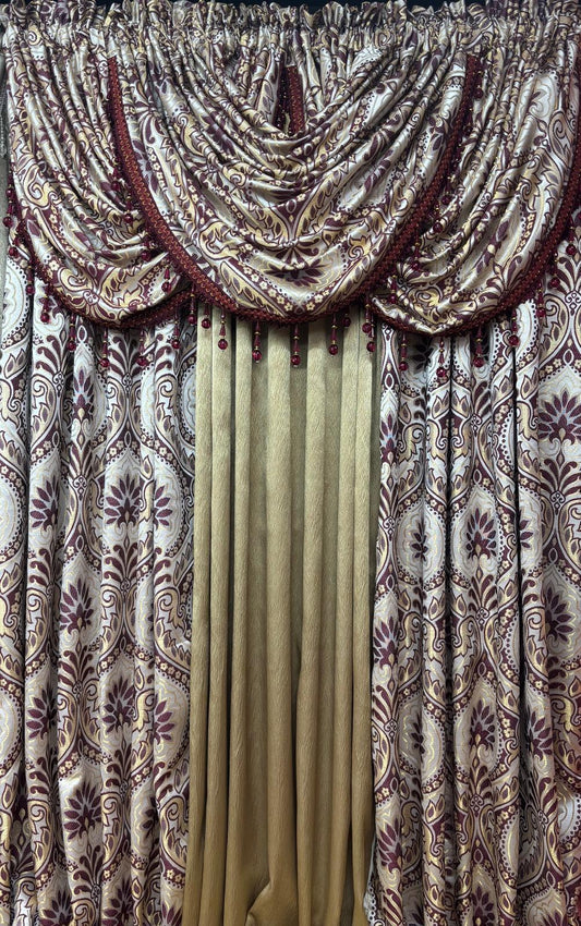 LIZET Burgundy 6PC Curtain Set with Regency Gold Center Panel - Stylish Curtains