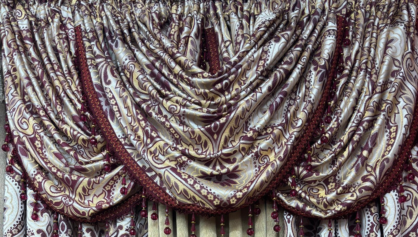 LIZET Burgundy 6PC Curtain Set with Regency Gold Center Panel - Stylish Curtains