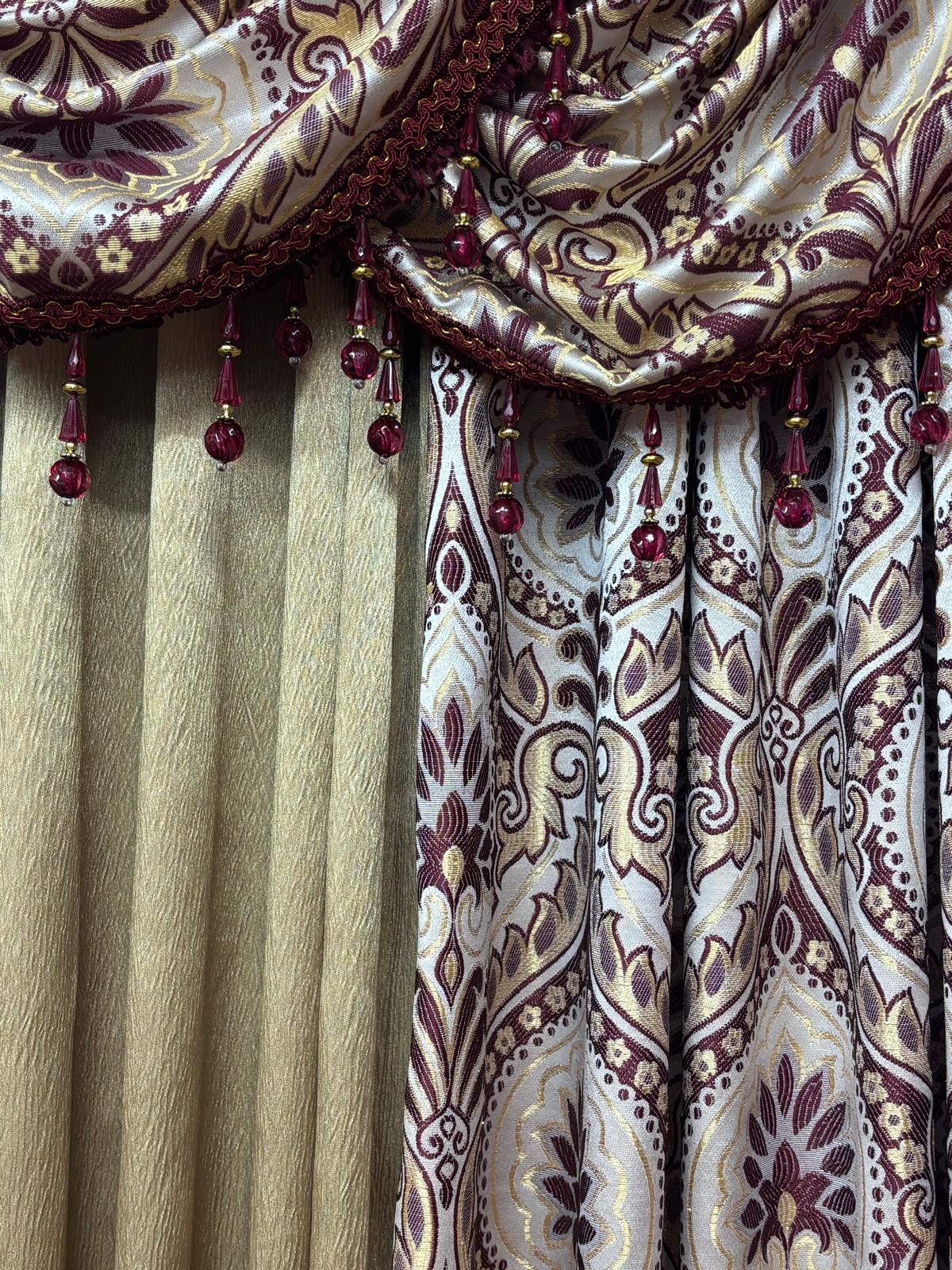 LIZET Burgundy 6PC Curtain Set with Regency Gold Center Panel - Stylish Curtains