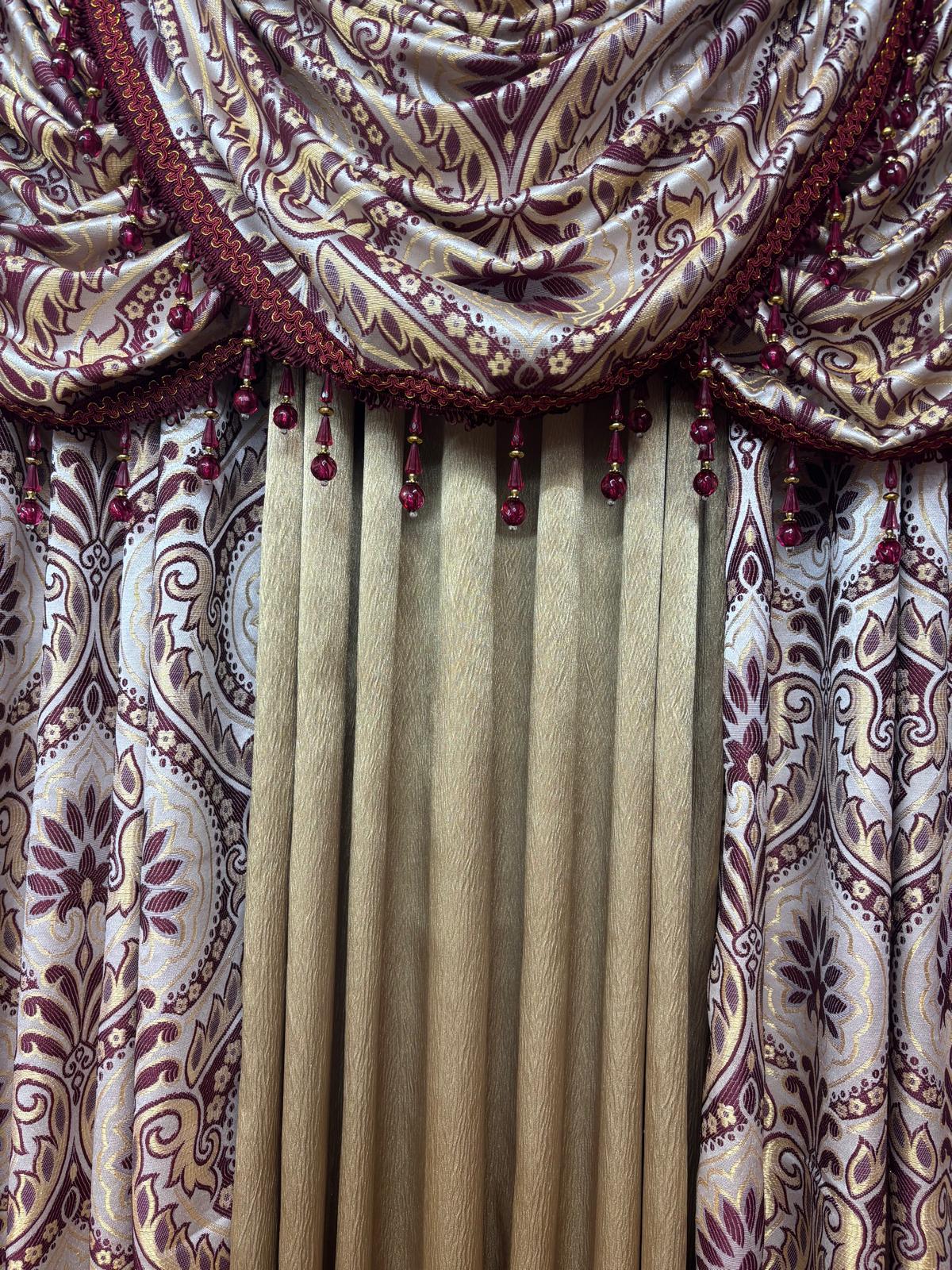 LIZET Burgundy 6PC Curtain Set with Regency Gold Center Panel - Stylish Curtains