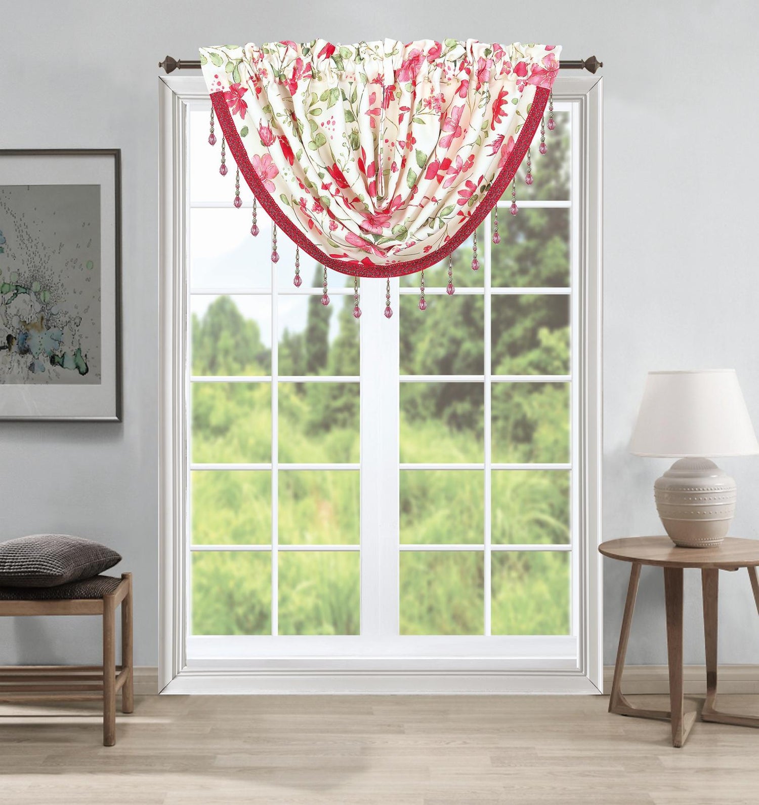Red Berkly Floral Waterfall Valance