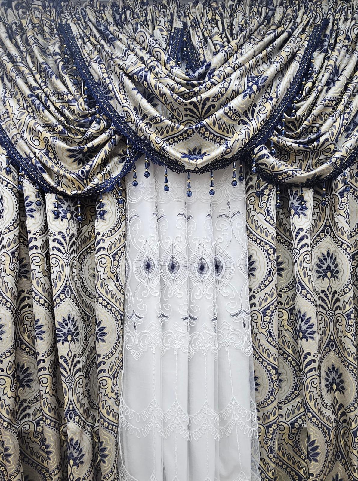 LIZET navy 7PC luxury curtain set with waterfall valances and Elizabeth embroidered center curtain