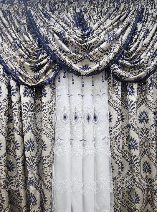 LIZET navy 7PC luxury curtain set with waterfall valances and Elizabeth embroidered center curtain
