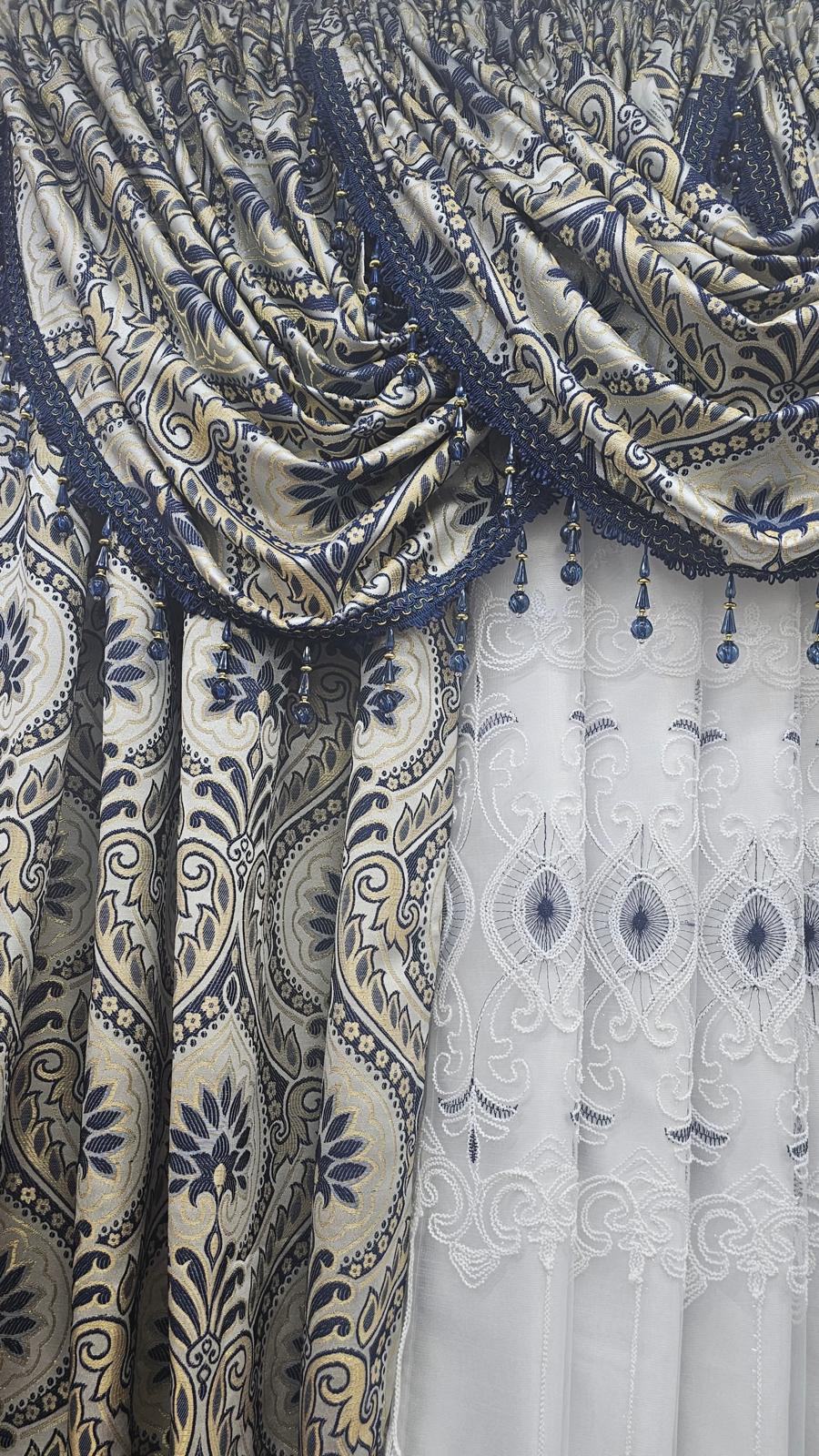 Elizabeth embroidered curtain center panel layered with navy LIZET curtains