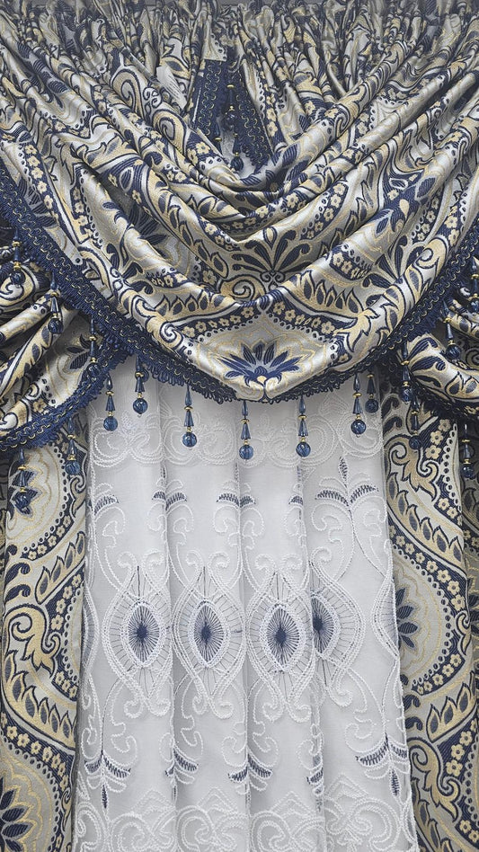LIZET navy patterned curtain panels with decorative waterfall valance