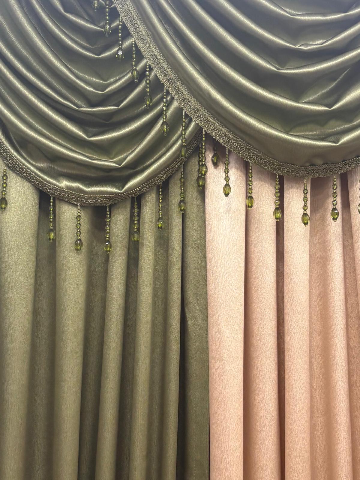 Regency Sage 6-Piece Luxury Curtain Set with 3 Valances & Beige Panel