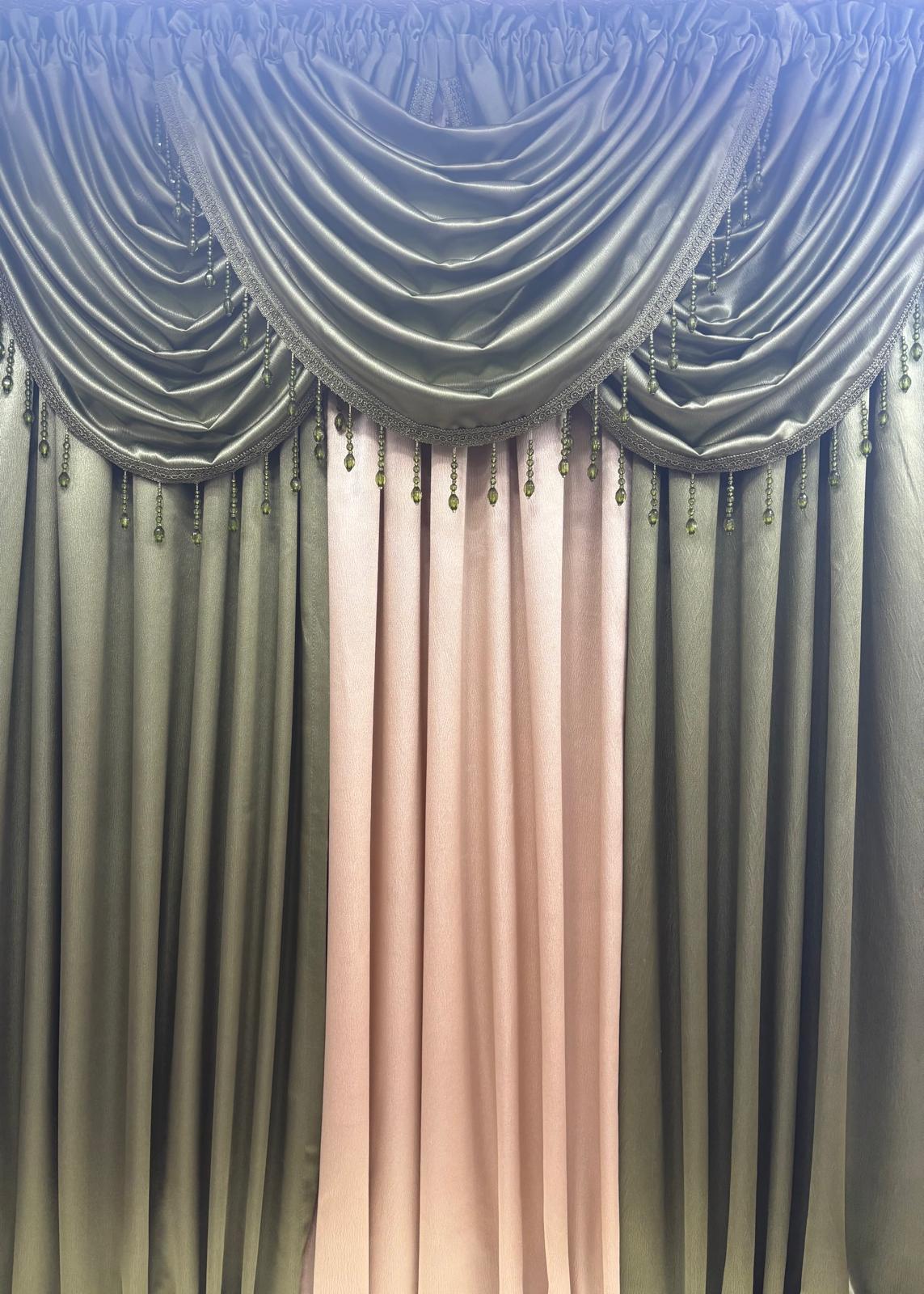 Regency Sage 6-Piece Luxury Curtain Set with 3 Valances & Beige Panel